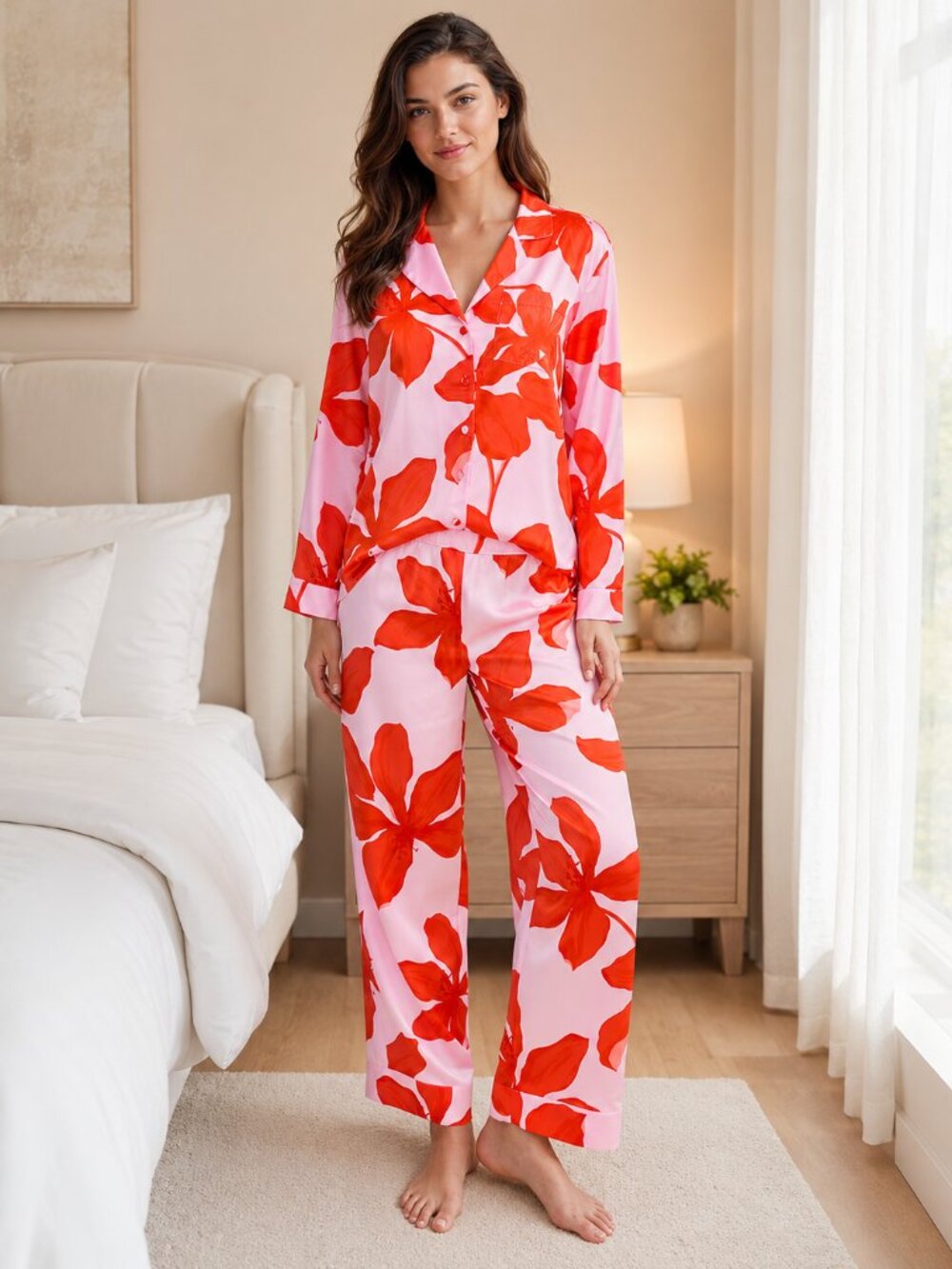 NWT Floral Satin Pajama Set Color Pirouette Size L Button Up Lounge Sleepwear